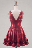 Metallic Burgundy A-Line V-Neck Corset Homecoming Dress with 3D Flowers