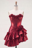 Metallic Burgundy A-Line Off the Shoulder Corset Homecoming Dress with 3D Flowers