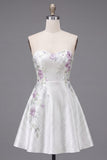 A-Line Sweetheart White Floral Homecoming Dress with Beading