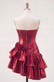 Metallic Burgundy A-Line Off the Shoulder Corset Homecoming Dress with 3D Flowers