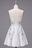 A-Line Sweetheart White Floral Homecoming Dress with Beading