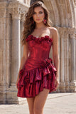 Metallic Burgundy A-Line Off the Shoulder Corset Homecoming Dress with 3D Flowers