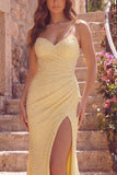 Yellow Mermaid Sweetheart Ruched Pearls Long Prom Dress with Slit