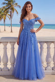 Dark Blue Off the Shoulder A-Line Corset Long Prom Dress with Appliques