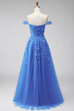 Dark Blue Off the Shoulder A-Line Corset Long Prom Dress with Appliques