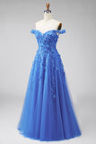 Dark Blue Off the Shoulder A-Line Corset Long Prom Dress with Appliques
