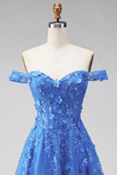 Dark Blue Off the Shoulder A-Line Corset Long Prom Dress with Appliques