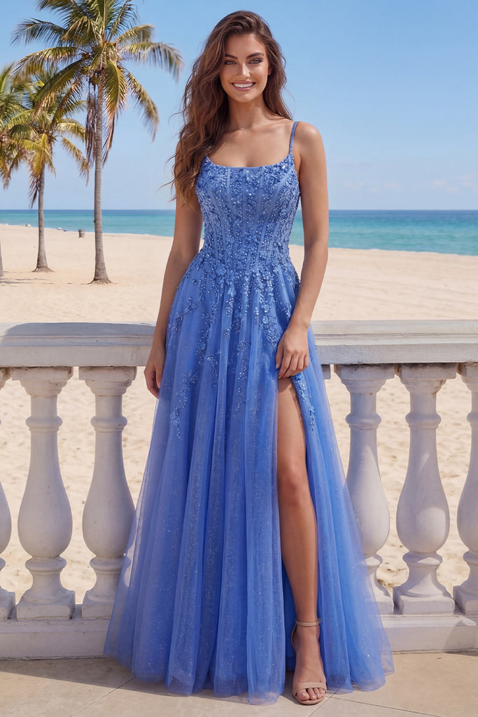 ZAPAKA Women Dark Blue Long Prom Dress Corset A-Line Beaded Appliqued