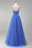 Dark Blue A-Line Corset Beaded Appliqued Long Prom Dress with Slit