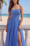 Dark Blue A-Line Corset Beaded Appliqued Long Prom Dress with Slit
