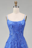 Dark Blue A-Line Corset Beaded Appliqued Long Prom Dress with Slit