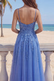 Dark Blue A-Line Corset Beaded Appliqued Long Prom Dress with Slit