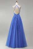 Dark Blue A-Line Halter Neck Corset Beaded Appliqued Long Prom Dress with Slit
