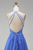 Dark Blue A-Line Halter Neck Corset Beaded Appliqued Long Prom Dress with Slit