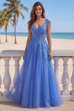 Dark Blue A-Line V-Neck Corset Long Prom Dress with Appliques