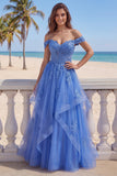 Off the Shoulder Tulle Dark Blue A-Line Corset Appliqued Long Prom Dress with Ruffles