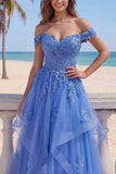 Off the Shoulder Tulle Dark Blue A-Line Corset Appliqued Long Prom Dress with Ruffles