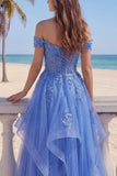 Off the Shoulder Tulle Dark Blue A-Line Corset Appliqued Long Prom Dress with Ruffles