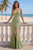 Sage Green Lace Mermaid V-Neck Long Prom Dress with Slit