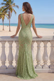 Sage Green Lace Mermaid V-Neck Long Prom Dress with Slit
