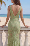 Sage Green Lace Mermaid V-Neck Long Prom Dress with Slit