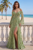 Lace Sage Green A-Line Off the Shoulder Beaded Long Prom Dress with Slit