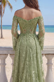 Lace Sage Green A-Line Off the Shoulder Beaded Long Prom Dress with Slit
