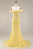 Lace Off the Shoulder Mermaid Corset Yellow Long Prom Dress