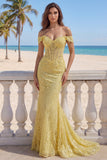 Lace Off the Shoulder Mermaid Corset Yellow Long Prom Dress