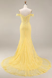 Yellow Lace Mermaid Off the Shoulder Corset Long Prom Dress