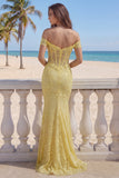 Lace Off the Shoulder Mermaid Corset Yellow Long Prom Dress