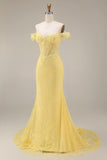 Yellow Lace Mermaid Off the Shoulder Corset Long Prom Dress
