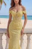 Yellow Lace Mermaid Off the Shoulder Corset Long Prom Dress