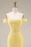 Lace Off the Shoulder Mermaid Corset Yellow Long Prom Dress