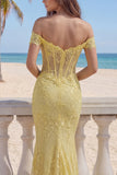 Yellow Lace Mermaid Off the Shoulder Corset Long Prom Dress