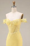 Lace Off the Shoulder Mermaid Corset Yellow Long Prom Dress