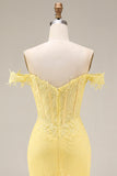Lace Off the Shoulder Mermaid Corset Yellow Long Prom Dress