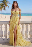 A-Line Yellow Lace Off the Shoulder Corset Tiered Long Prom Dress with Slit