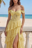 A-Line Yellow Lace Off the Shoulder Corset Tiered Long Prom Dress with Slit