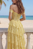 A-Line Yellow Lace Off the Shoulder Corset Tiered Long Prom Dress with Slit