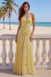 Lace A-Line Yellow Sweetheart Ruched Long Prom Dress