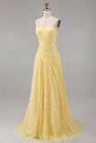 Lace A-Line Yellow Sweetheart Ruched Long Prom Dress