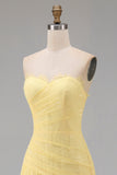 Lace A-Line Yellow Sweetheart Ruched Long Prom Dress