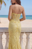 Lace Mermaid Yellow Sweetheart Corset Long Prom Dress with Slit