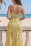 Yellow Lace Mermaid Strapless Ruched Corset Ruffled Long Prom Dress with Slit