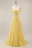 Off the Shoulder Yellow Lace A-Line Corset Appliqued Long Prom Dress