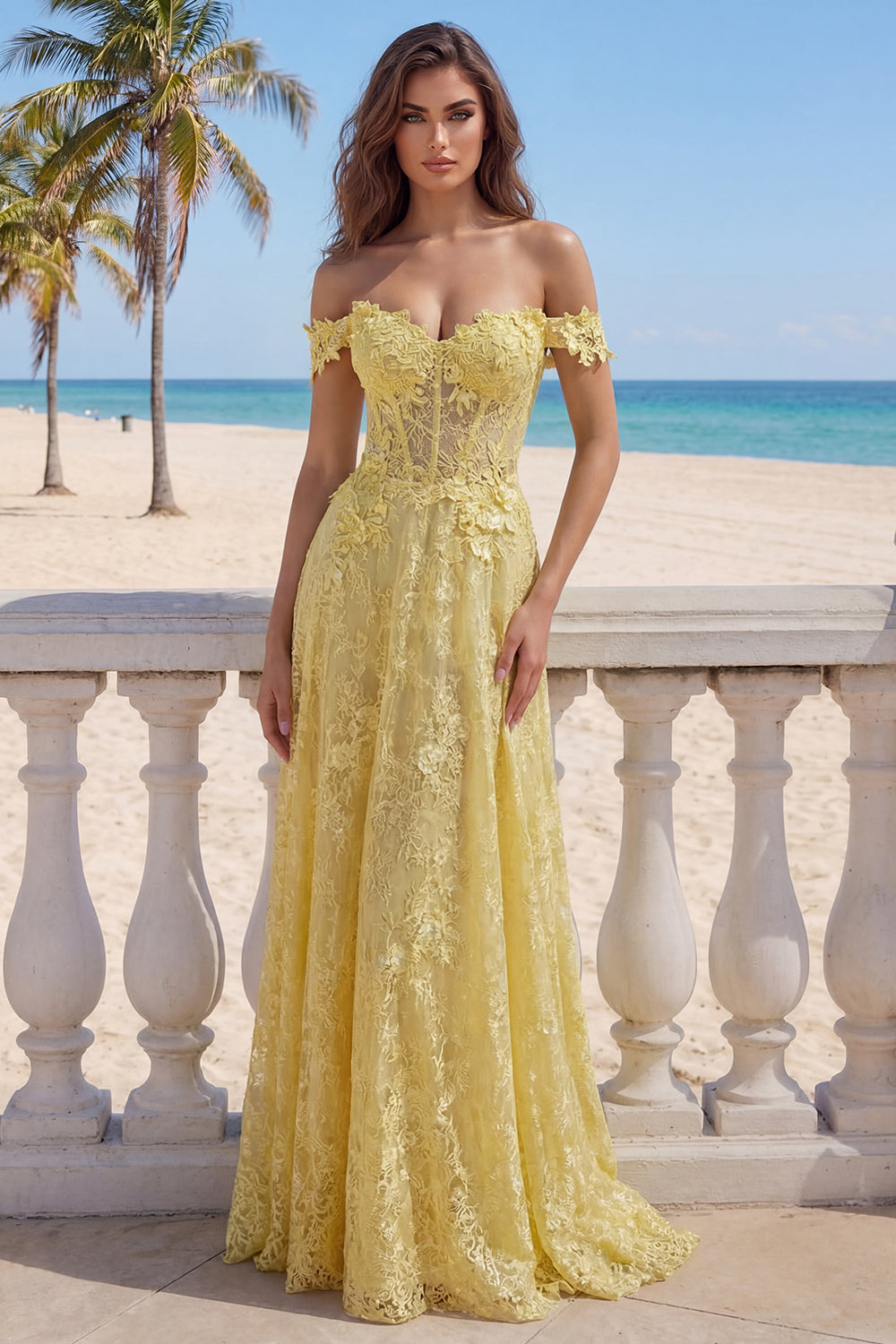 yellow lace off shoulder dress satin dress maxi Yellow Lace Satin Maxi Dress self-portrait-US