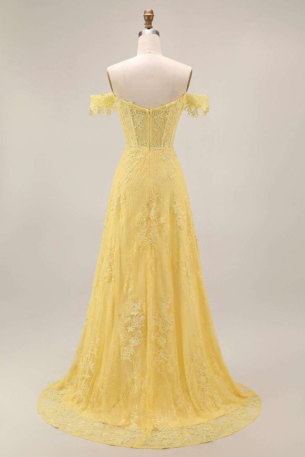 Zapaka Women Yellow Lace Prom Dress A-Line Off the Shoulder Corset Appliqued Long Evening Party Dress, Yellow / US12