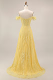 Off the Shoulder Yellow Lace A-Line Corset Appliqued Long Prom Dress
