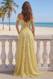 Off the Shoulder Yellow Lace A-Line Corset Appliqued Long Prom Dress